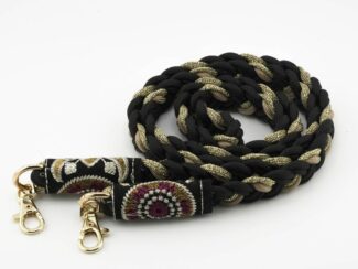 Cordon Baroque Bohème Ambrée tressé noir et doré avec embouts brodés rouges et mousquetons dorés