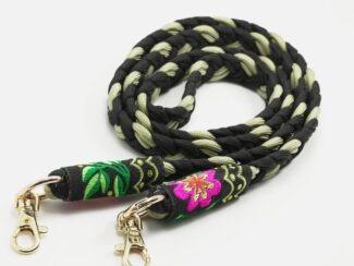 Cordon de téléphone tressé noir et vert clair avec embouts brodés de motifs floraux tropicaux – finitions dorées