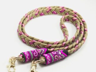 Cordon tressé rose et beige Ambrée avec embouts brodés fuchsia et violets, mousquetons dorés